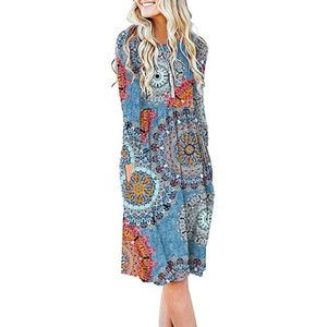 Blue Flower Mix Casual Loose Dress with Pockets